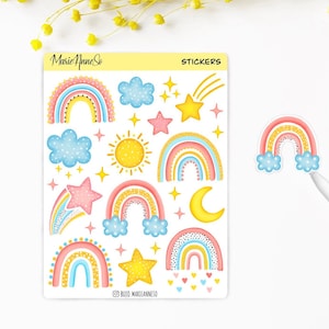 Hoja de pegatinas de arcoíris y estrellas: pegatinas bonitas para niños, diarios, agendas y álbumes de recortes.