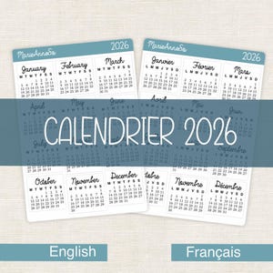 May include: A set of 2026 calendar stickers with months in English and French. Each month is displayed on a small, rectangular sticker with the days of the week and dates. The word "CALENDRIER 2026" is in the center.