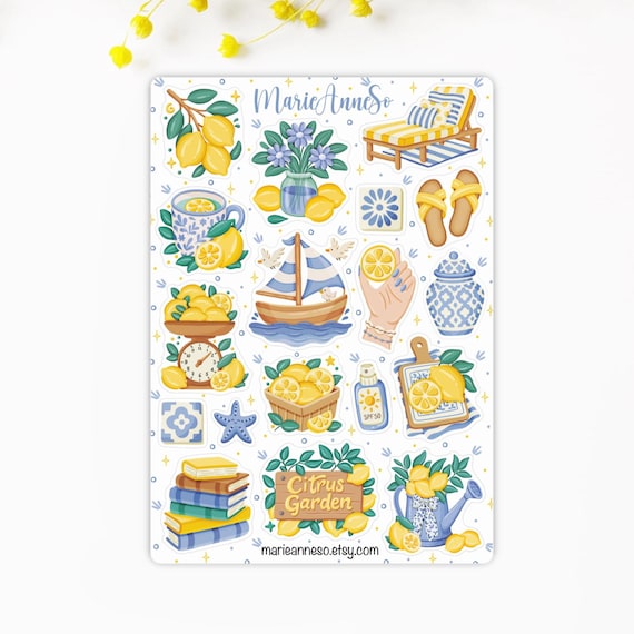 Citrus Garden Sticker Sheet | Mediterranean Lemon Sticker Sheet | Coastal Summer Planner Stickers | Kawaii Citrus Sticker Sheet