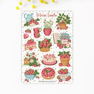 Feuille d’Autocollants sur le thème des Fraises - Stickers pour Journal, Planner, Calendrier, Scrapbooking - Jardinage - Fleurs d'été