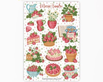Strawberry Sticker Sheet | Cottagecore Sticker | Scrapbooking | Junk Journal | Kawaii Fruit Sticker | Kitchen | Summer Sticker