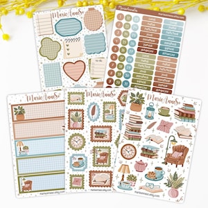 Lot de 5 Feuilles d’Autocollants Thème Livres et Lecture Cosy - Ambiance Vintage -  Stickers Parfait pour Planner, Journal, et Scrapbooking