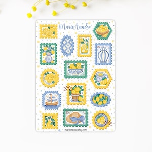 Sheet of Lemon-Themed Stamp Stickers - Yellow & Mediterranean Blue - Stickers for Journals, Planners, Calendars, Scrapbooks
