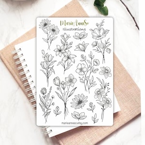 Feuille d’Autocollants Fleurs à Colorier - Thème Bouquets de Fleurs | Stickers pour Planner, Scrapbook, Bujo, Journaling
