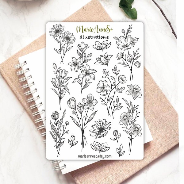 Flower Coloring Sticker Sheet - Flower Bouquet Theme | Stickers for Planners, Scrapbooks, Bullet Journals, Journaling