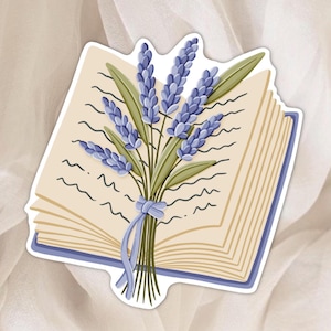 Autocollant Livre & Lavande - Sticker Fleuris pour Agenda, Scrapbook et Planner - Illustration Florale Douce et Poétique