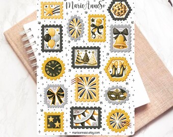 New Year Stamp Sticker Sheet – Gold and Black Stickers – Stickers for Journals, Scrapbooking, Planners – End-of-Year Celebration