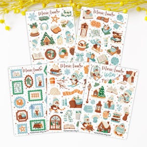 Lot de 5 Feuilles d’Autocollants Hiver Cosy - Stickers sur le Thème Cocooning et Festivités de Noël pour Planner, Journal et Scrapbooking