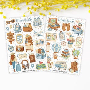 Juego de 2 hojas de pegatinas con temática de artículos esenciales de viaje: pegatinas de viaje para agendas, diarios y álbumes de recortes.