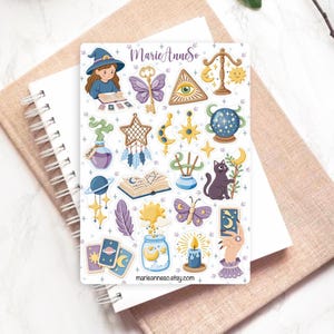 Feuille d’Autocollants Sorcière, Astrologie, Mystiques - Stickers Magie, Witchy, Céleste - Stickers pour Planner, Journal et Scrapbooking