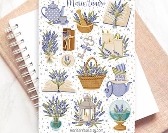 Vintage Cottagecore Lavender Sticker Sheet | Botanical Stickers Teapot Books Lantern | Planner Journal Scrapbooking