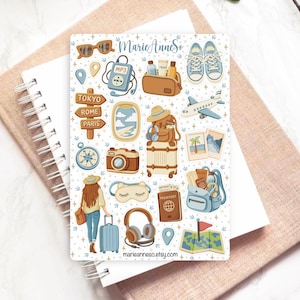 Feuille d’Autocollants Essentiels du Voyage - Stickers pour Journal, Planner, Calendrier, Scrapbooking - Autocollants Papeterie Journaling