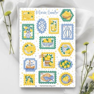 Feuille d’Autocollants Timbres sur le thème des Citrons - Jaune & Bleu Méditerranée - Stickers pour Journal, Planner, Calendrier, Scrapbook