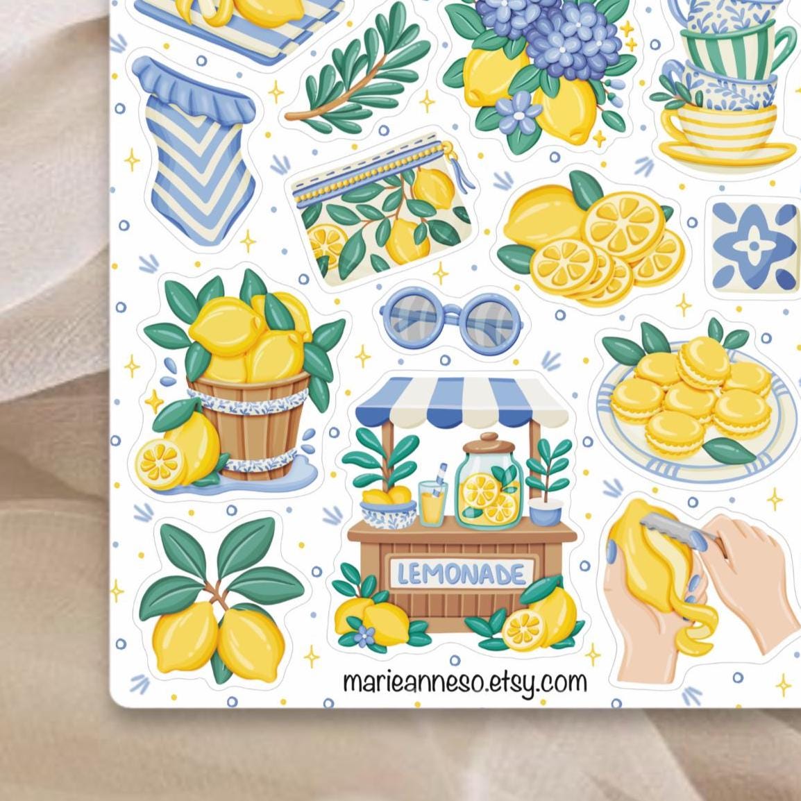Lemon-themed Sticker Sheet - Yellow & Mediterranean Blue - Stickers for ...