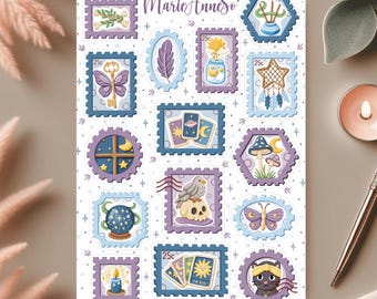 Magic & Fortune Telling Stamp Sticker Sheet - Stickers for Journals, Scrapbooking, Planners, Mystical Stickers