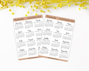 Feuille d'autocollants mini calendriers 2024 | Autocollants planificateurs, stickers pour votre bullet journal, kit de journalisation