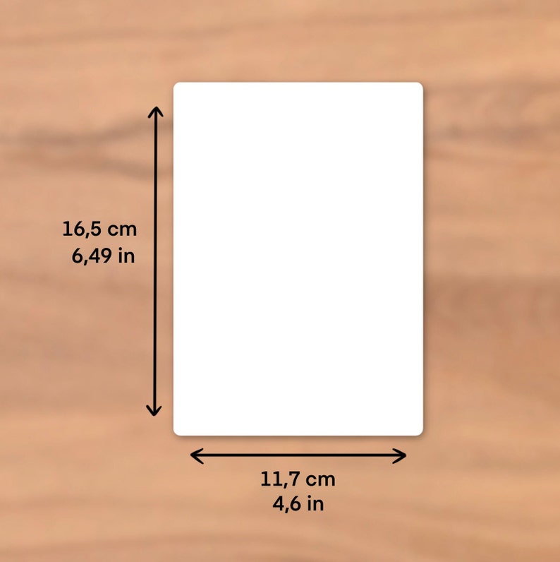 May include: A white blank card with dimensions of 6.49 inches by 4.6 inches.