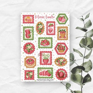 Feuille d’Autocollants Timbres sur le Thème des Fraises - Stickers Fleurs pour Journal, Scrapbooking, Planner, autocollants de printemps