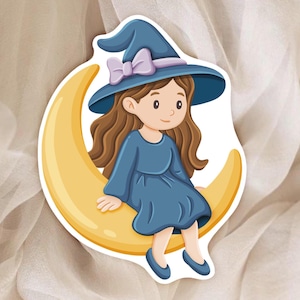 Autocollant Sorcière Enfant sur Lune – Sticker Kawaii Magie – Autocollants pour Scrapbook, Journal, Planner – Witchcore