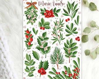 Winter and Christmas Plants Theme Sticker Sheet - Stickers for Planner, Journal, and Scrapbooking Decoration