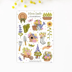Feuille d’Autocollants Thème Jardin Fleuri - Stickers de Jardinage pour Planner, Scrapbooking, Bujo