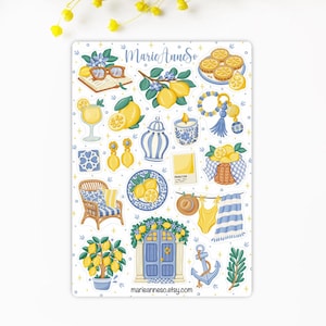 Feuille d’Autocollants sur le thème des Citrons - Jaune & Bleu Méditerranée - Stickers pour Journal, Planner, Calendrier, Scrapbooking