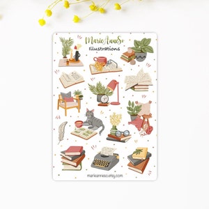 Feuille d’Autocollants Cosy avec Chats et Livres - Stickers pour Planner, Journal, et Scrapbooking