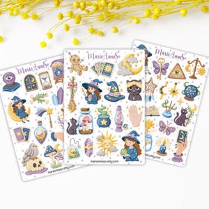 Lot 3 Planches Stickers Sorcière Kawaii - Autocollants Ésotériques, Magie, Lune, Tarot, Chat Noir - Stickers pour Journal, Planner, Bullet