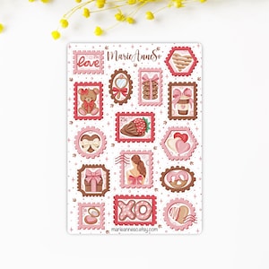 Feuille d’Autocollants Thème Amour, Saint-Valentin, Timbres – Stickers Romantiques pour Planner, Journal et Scrapbooking