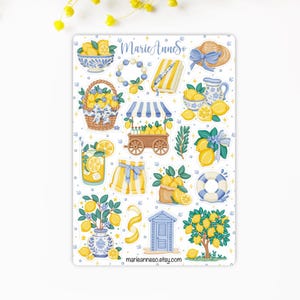 Feuille d’Autocollants sur le thème des Citrons - Jaune & Bleu Méditerranée - Stickers pour Journal, Planner, Calendrier, Scrapbooking