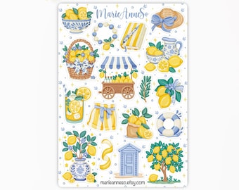 Lemon Market Sticker Sheet | Coastal Sticker | Scrapbooking | Junk Journal | Mediterranean Sticker | Kawaii | Beach Sticker