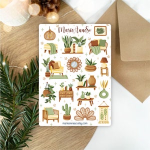 May include: A set of 20 illustrated stickers featuring home decor elements in a warm color palette. The stickers include plants, furniture, and decorative items. The stickers are perfect for adding a touch of personality to journals, planners, laptops, and more.