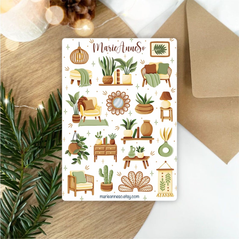 May include: A set of 20 illustrated stickers featuring home decor elements in a warm color palette. The stickers include plants, furniture, and decorative items. The stickers are perfect for adding a touch of personality to journals, planners, laptops, and more.