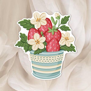 Autocollant Pot de Fraises - Sticker Fleuris pour Agenda, Scrapbook et Planner - Autocollant Fruité