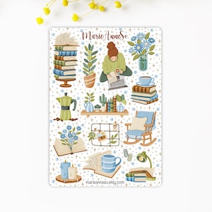 Feuille d’Autocollants Cosy Lecture - Stickers pour Planner, Journal, Scrapbooking - Ambiance Printanière, Littéraire et Confort