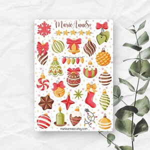 Feuille d’Autocollants Thème Hiver & Noël - Décoration Festive, Boules de Noël - Stickers parfaits pour Planner, Journal, Agenda, Scrapbook