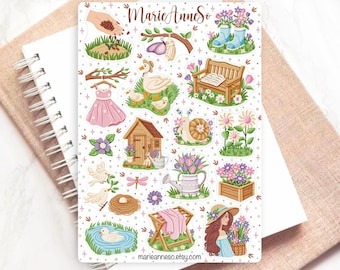 Spring Garden Sticker Sheet – Cottagecore Nature Stickers, Flowers Animals Planner Stickers, Cozy Bullet Journal, Gardening Scrapbooking