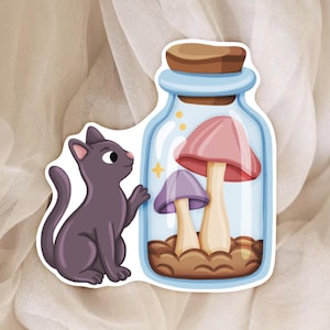Grand Sticker Chat & Champignons Magiques – Autocollant Witchy Cottagecore - Sticker parfait pour Journal, Planner et Scrapbooking