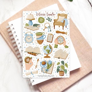 Foglio di adesivi per lettura accogliente - Adesivi per planner, diario, scrapbooking - Atmosfera primaverile, letteraria e confortevole
