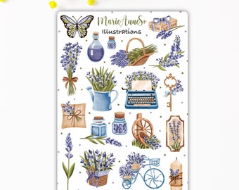 May include: A sticker sheet featuring watercolor illustrations of lavender, including bouquets, a watering can, a typewriter, and a bicycle. The sheet also includes a butterfly, bottles, and a key. The text "MarieAnneSo Illustrations" and a website address are visible.