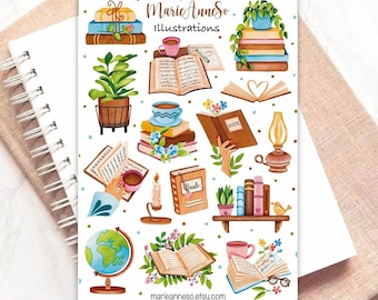 Sticker Sheet Books & Reading Cottagecore | Book Lover Kawaii Stickers | Planner Stickers Library | Bullet Journal Scrapbooking