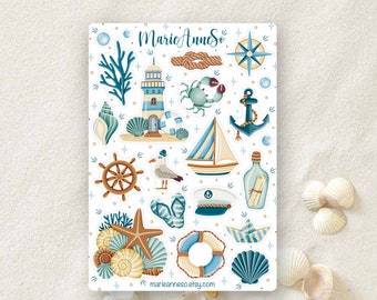 Feuille d'autocollants "Nautique, océan, vacances" | Autocollants de journaux | Stickers scrapbooking, stickers de saisons, stickers d'été