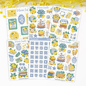 Lot de 6 Feuilles d’Autocollants sur le thème des Citrons et de la Méditerranée  - Stickers pour Journal, Planner, Calendrier, Scrapbooking