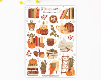 Gemütlicher Herbst-Lese-Stickerbogen | Cottagecore-Sticker | Scrapbooking | Junk Journal | Bücher-Sticker | Kürbisse | Hygge