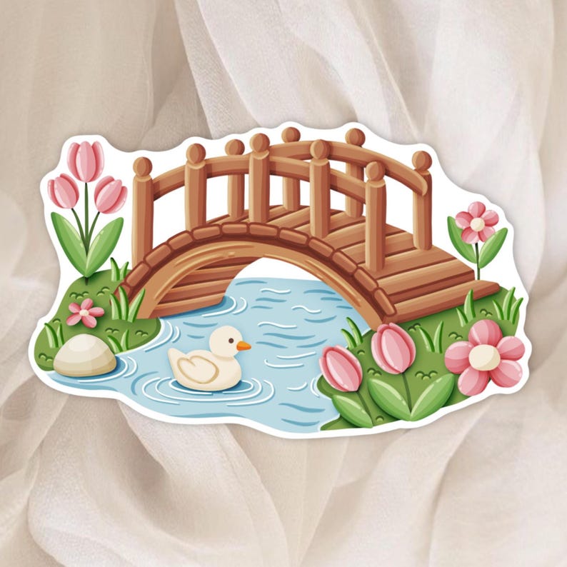 Adesivo ponte di legno e anatra | Adesivo giardino primaverile | Agenda accogliente, journaling e cancelleria immagine 1