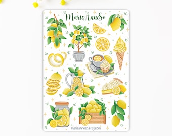 Lemon Sticker Sheet, Citrus Fruit Stickers, Cottagecore Lemon Tree Planner Sticker, Summer Kitchen Journal Decal, Lemonade Sticker Set