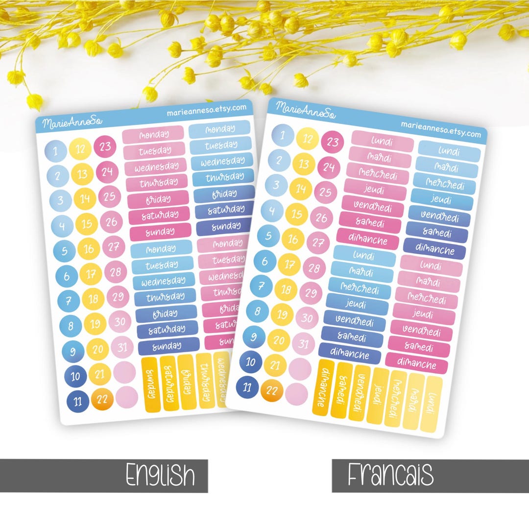 Week Numbers Stickers Days of the Week and Number Stickers – French and English – Essential ...