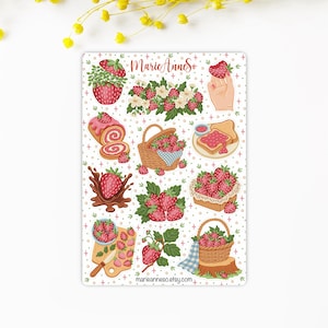 Feuille d’Autocollants sur le thème des Fraises - Stickers pour Journal, Planner, Calendrier, Scrapbooking - Jardinage - Fleurs d'été