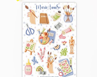 Art Supplies Sticker Sheet, Artist Stickers Paintbrush Palette Sketchbook Craft, Planner Journaling