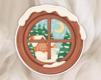 Snowy Window Sticker, Winter Village Round Sticker, Cottagecore Christmas Planner Sticker, Cozy Snow Scene Journal Sticker